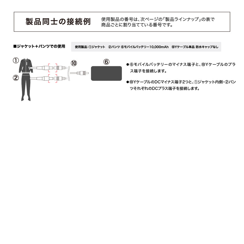 PowerArQ 電熱ジャケット & 電熱パンツ モバイルバッテリー専用 Y型稼働ケーブル <DCプラス to DCマイナス Yケーブル ケーブル> VJP-PB-YC19M