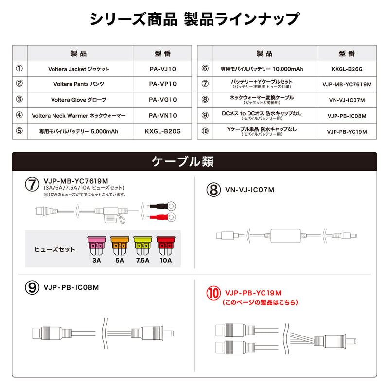 PowerArQ 電熱ジャケット & 電熱パンツ モバイルバッテリー専用 Y型稼働ケーブル <DCプラス to DCマイナス Yケーブル ケーブル> VJP-PB-YC19M